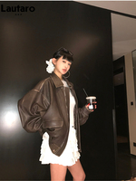 Oversized Distressed Brown Soft Faux Leather Jacket for Women